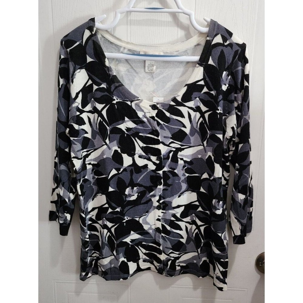 NEW Linda Lucia Women's 3/4 Sleeves Cardigan Sweater Black White Floral Size L